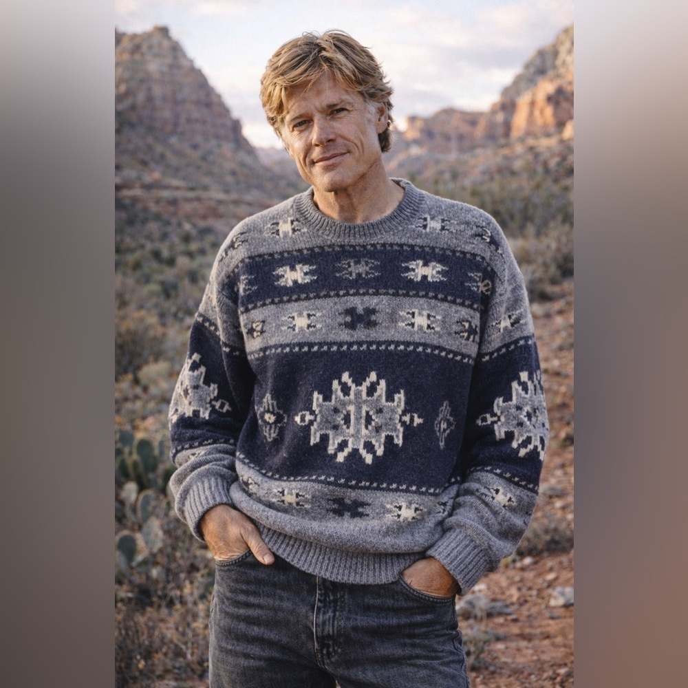 Woolrich Vintage Men’s Sweater Denim Blue Wool Southwestern Tribal Knit Sz LG